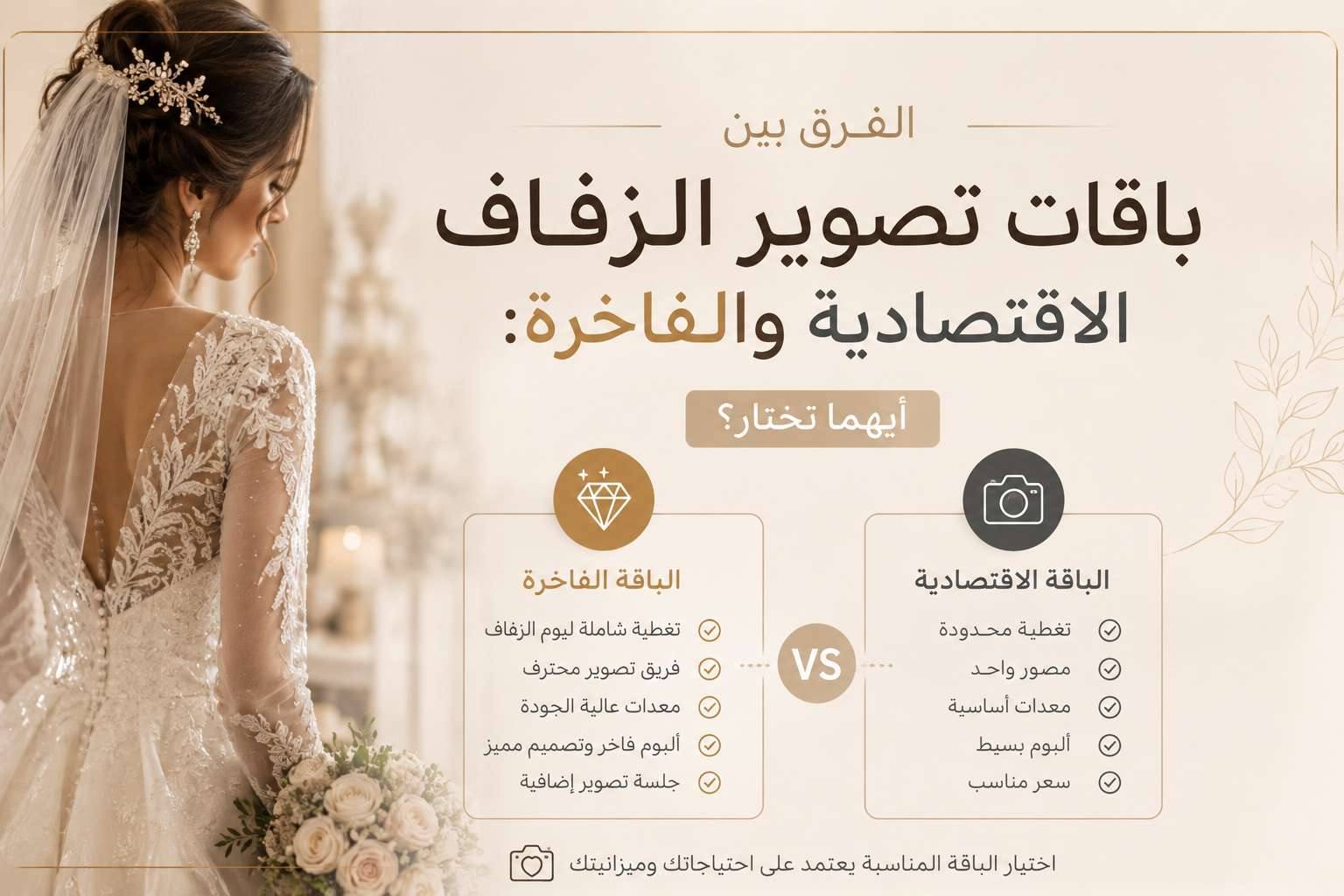 الفرق بين باقات تصوير الزفاف الاقتصادية والفاخرة: أيهما تختار؟